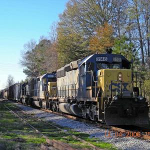 These three CSX SD40-2s were rated at 9150 tons eastbound over Thomaston Hill in west Alabama. On a cool October day, they toted 12200 tons up and over the grade at 17 mph. Go figure.