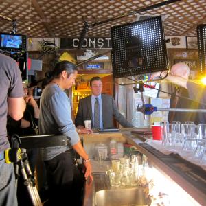 On The Set LAW  ORDER Los Angeles On Location at Godmothers Saloon in San Pedro CA with series regulars Skeet Ulrich and Corey Stoll