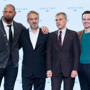 Sam Mendes, Andrew Scott, Christoph Waltz and Dave Bautista at event of Spectre (2015)