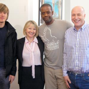 Adrian Lester at The Audio Suite for his Hustle ADR session for Series 8 Episodes 1 and 2 Dialogue Editor Alex Sawyer left Facility Manager Heather Reinman Adrian Lester and ADR Mixer Neil Hillman right