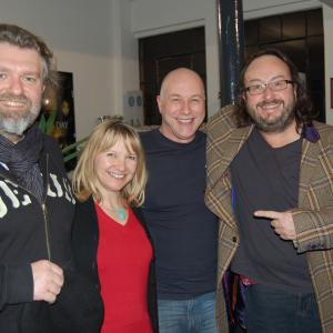 The Hairy Bikers at The Audio Suite recording for BBC 'The Great British Food Revival', December 15, 2010. Simon King and David Myers either side of Audio Suite Facility Manager Heather Reinman and Neil Hillman MPSE.