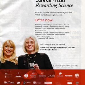 Eureka Prize winners for Science Journalism Dr Jonica Newby  Lile Judickas New Scientist magazine ad for Australian Museum Eureka Prizes