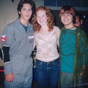 Right to left  Josh Wise Erin Mackey and Penn Badgley on the set of Do Over