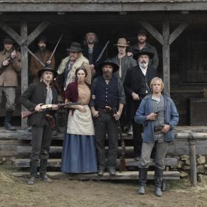 Still of Kevin Costner Tom Berenger Powers Boothe Noel Fisher Sarah Parish Noah Taylor Matt Barr Damian OHare Christopher Hatherall Greg Patmore and Boyd Holbrook in Hatfields amp McCoys 2012