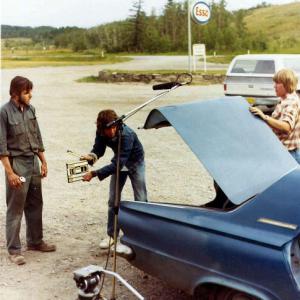 Brad Fernie, Donald D. Brown and Gordon Merrick. Filming of end scene: SEQUENCE, August 18, 1979. West of Cochrane, Alberta.