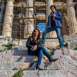 Kassandra Voyagis and Georges Corraface while filming Promakhos on the Acropolis