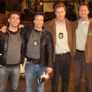 Benjamin Kanes Mark Wahlberg Will Ferrell and Peter Thewes on the set of The Other Guys 121909 last day of principal photography
