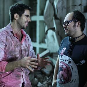 Nicolas Lopez and Eli Roth sharing a moment on the set of Aftershock.