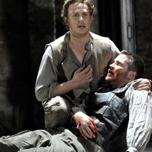 Kieran Bew (Edmund) and Richard Goulding (Edgar) in King Lear at the Almeida theatre, London.