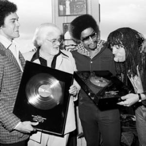 Rick James receiving his first gold album and single with Skip Miller Barney Ales Art Stewart 1978