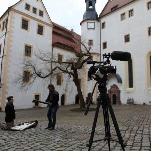 With cinematographer Jeremy Mack at Colditz Castle in Germany while shooting the documentary Turned Towards the Sun