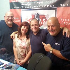 Vegas Unwrapped Radio Show with Aaron Phillips, Ricky Cash the hosts of the show. Catherine Natale & Peter Papageorgiou Center