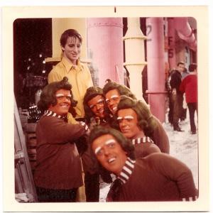 On the set of the original Willy Wonka and the Chocolate Factory Me in yellow shirt posing with the Oompa Loompas Munich Germany