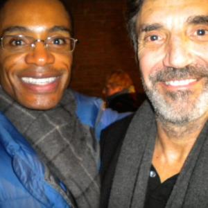 Lonnie Henderson and Chuck Lorre, television writer, director, producer and composer. Lorre has created many hit sitcoms including Grace Under Fire, Cybill, Dharma & Greg, Two and a Half Men, and The Big Bang Theory. On the set of Two and a half Men.