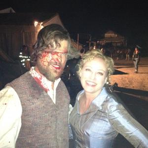 Chris Ippolito and Vigina Madsen on the set of Hell on Wheels