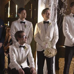Still of Mark Salling, Matthew Morrison, Harry Shum Jr., Kevin McHale and Chord Overstreet in Glee (2009)