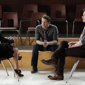 Still of Lea Michele, Matthew Morrison and Chris Colfer in Glee (2009)