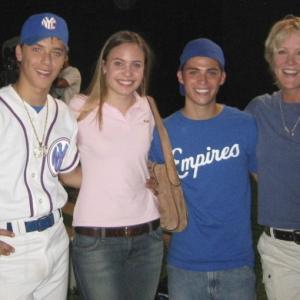 Jeremy Sumpter, Leah Pipes, Vince Rimoldi with director Joanna Kerns on the set of Clubhouse