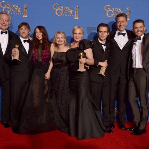 Patricia Arquette, Ethan Hawke, Richard Linklater, Jonathan Sehring, John Sloss, Cathleen Sutherland, Lorelei Linklater and Ellar Coltrane at event of The 72nd Annual Golden Globe Awards (2015)