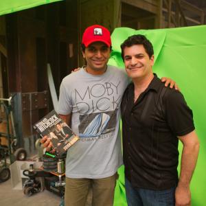 Writer/director M. Night Shyamalan welcomes author Steven DeRosa to the set of 