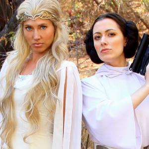Whitney Avalon right as Leia with Sara Erikson as Galadriel in the second Princess Rap Battle which Avalon also wrote and produced along with Steve Gossett
