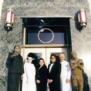 JACK PIERCE DVD creator Scott Essman tux and friends in Hollywood on February 16 2003 From left Matt Thompson as the Frankenstein Monster Sheila Marie Shostac as the Bride Hollywood History Museum owner Donelle Dadigan Scott Essman Perry Shields as Jack Pierce Ken DeShan as the Mummy