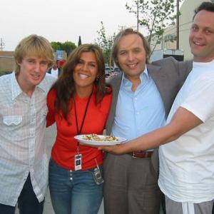 Owen Wilson, Ericka Bryce, Dwight Yoakum, and Vince Vaughn on the set of Wedding Crashers.