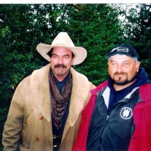 Grizz with Tom Selleck on a cold and rainy day on the set of Monte Walsh