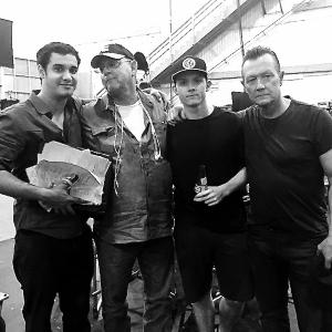 Elyes Gabel, Stephen Bridgewater, Beau Bridgewater, Robert Patrick on set of CBS Scorpion, 9-2015
