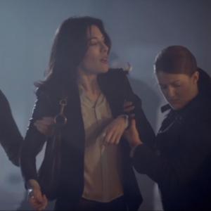 Scene from the final episode of the TV series Hustle with Jaime Murray.
