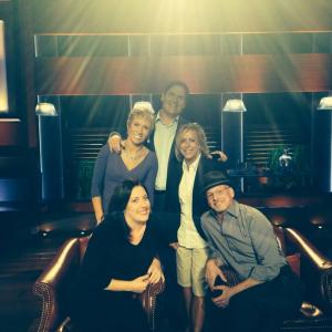 On the set of Shark Tank with Director Benjamin Pollack show regular Barbara Corcoran and Mark Cuban agent Kelly Pollack and Melinda Finnegan