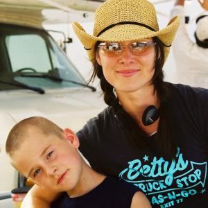 Kenda with son Luke on the set of 