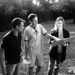 Director Jay Gormley with actors Charles Baker  Lydia Mackay on the set of Odds or Evens