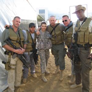 Left to Right Scott Foley Michael Irby Racheal Seymour Max Martini Robert Patrick and Dennis Hasysbert shooting episode Into Hell Part One of The Unit TV series
