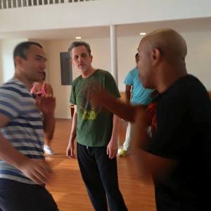 Here working out some fight choreography with Director Robert Samuels on the set of 