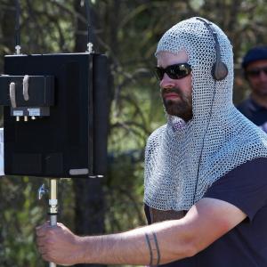 Director Joe Lynch ready for battle on the set of KNIGHTS OF BADASSDOM
