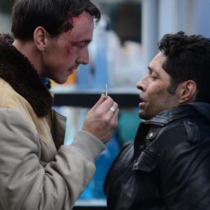 Still of Max Arciniega and Chris Coy in The Barber (2014)