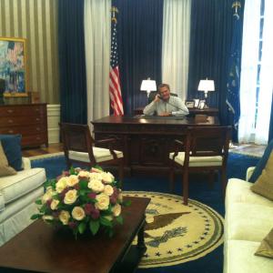 On Set of WHITE HOUSE DOWN film sitting in the OVAL OFFICE