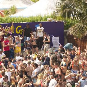 (on stage, left to right, top to bottom) Jeremy, Roxanne, Alan, Sarah, Jorell, Paul, Matt, Dave, Amber, Heidi, Sky, Nicole, and Fletch all dance it up at a Mardi Gras theme party.