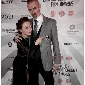 Me and my producer Yana at the Moet Bifa awards. I'm wearing a Patrick Hellmann Collection suit.