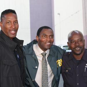 James Weston II (left), Carl Lumbly (center) during filming of episode of 