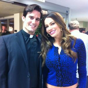 Edward Finlay as Padre with Sofia Vergara on the set of Modern Family