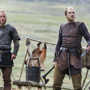 Still of Gustaf Skarsgård and Travis Fimmel in Vikings (2013)