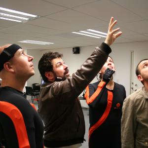 Rodolfo Guzmán directing the actors Carlos Cacho, Dolores Sarre and Copatzin Borbón in the motion capture of the animated film 