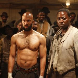 Still of fight scene featuring Elam Common and Psalms Dohn Norwood from Hell On Wheels season one episode five Bread and Circus