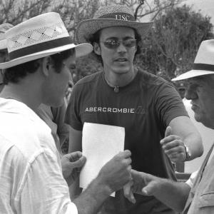 Director Jose Bojorquez center gives direction to actors Johnathon Schaech far left and Seymour Cassel far right in Success Films SEA OF DREAMS Location Punta Roca Partida Veracruz Mxico