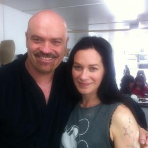 James Collins with Franka Potente in the makeup trailer on the set of Copper