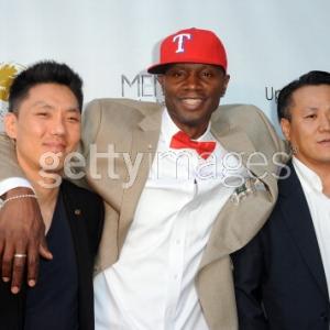 Producers Sheldon F Robins Tommy Kim and guest David Lee arrive for the Premiere Of Upper Laventilles Murder 101 held at Raleigh Studios Chaplin Theater on June 12 LOS ANGELES
