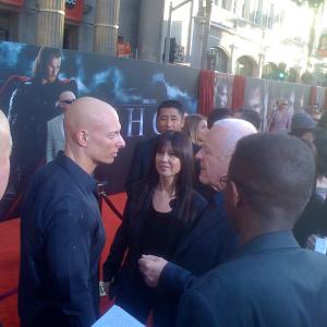 HOLLYWOOD, CA - MAY 2: Joseph Gatt, Stella Arroyave and Anthony Hopkins chat on the red carpet as they arrive for the Los Angeles Premiere of Marvel and Paramount Pictures' 