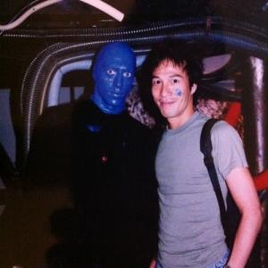 As the Center Blue Man, Blue Man Group, New York City (off-Broadway), while touring with David Bowie/Moby (AREA2 Tour), 2002. (With artist/leader Takumi Yamazaki).